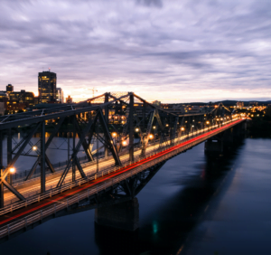 Long exposure shot of city bridge in evening