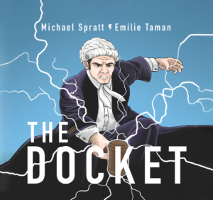 The Docket Podcast cover of cartoon judge hitting gavel and producing lightning sparks