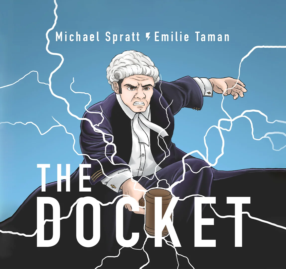 The Docket Podcast cover of cartoon judge hitting gavel and producing lightning sparks