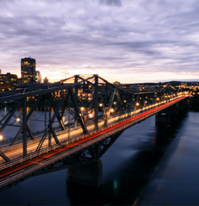 Long exposure shot of city bridge in evening