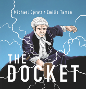 The Docket Podcast cover of cartoon judge hitting gavel and producing lightning sparks