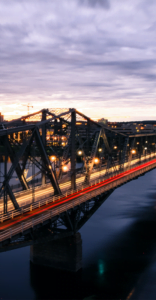 Long exposure shot of city bridge in evening