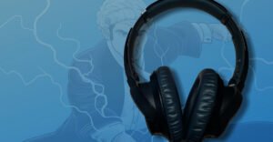 Black headphones over faded image of The Docket Podcast cover art