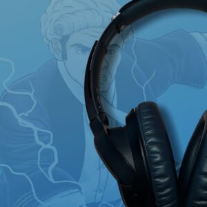 Black headphones over faded image of The Docket Podcast cover art